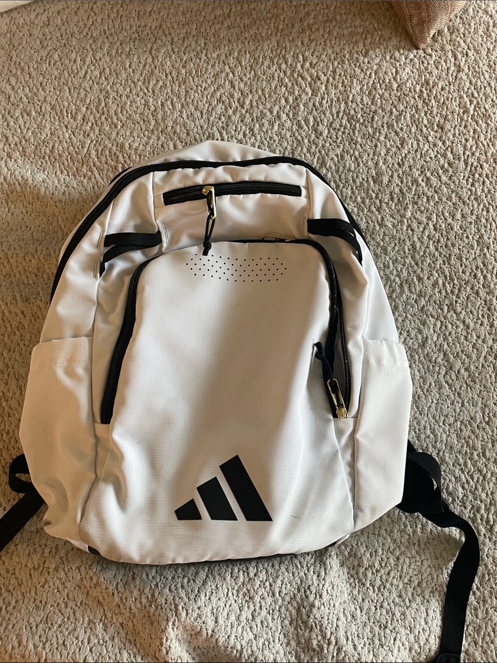 Adidas White Performance Backpack with gold and Black Accents